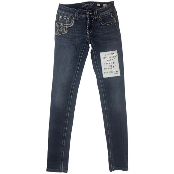 MISS ME Skinny Low Rise Embroidered Jeans Womens (25x31) Dark Rhinestone Mcbling - Picture 3 of 8